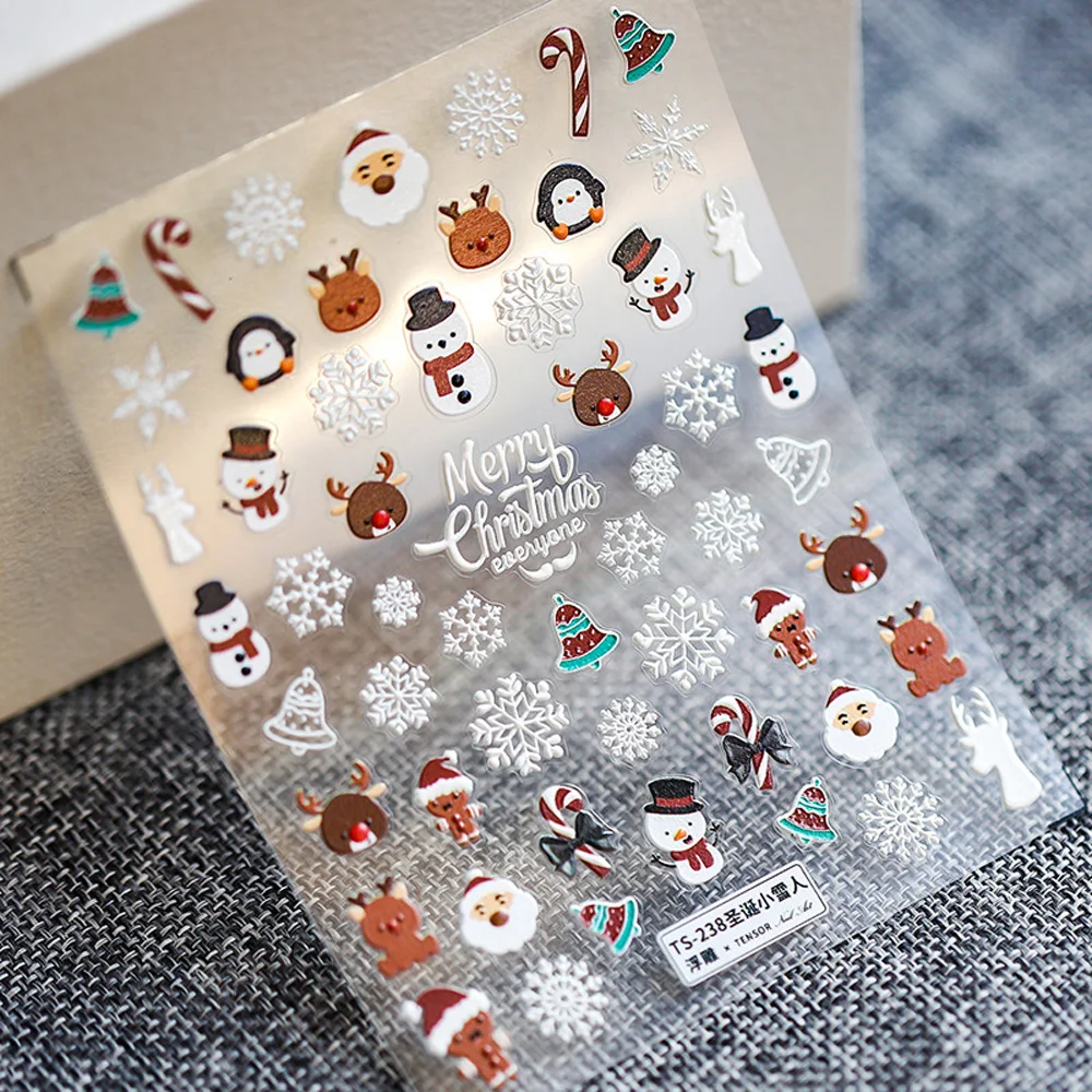 1pc 5D Embossed Snowman Nail Art Sticker Christmas Gloves Hat Bear Penguin Santa Claus Elk Slider New Year Xmas Nail Decals