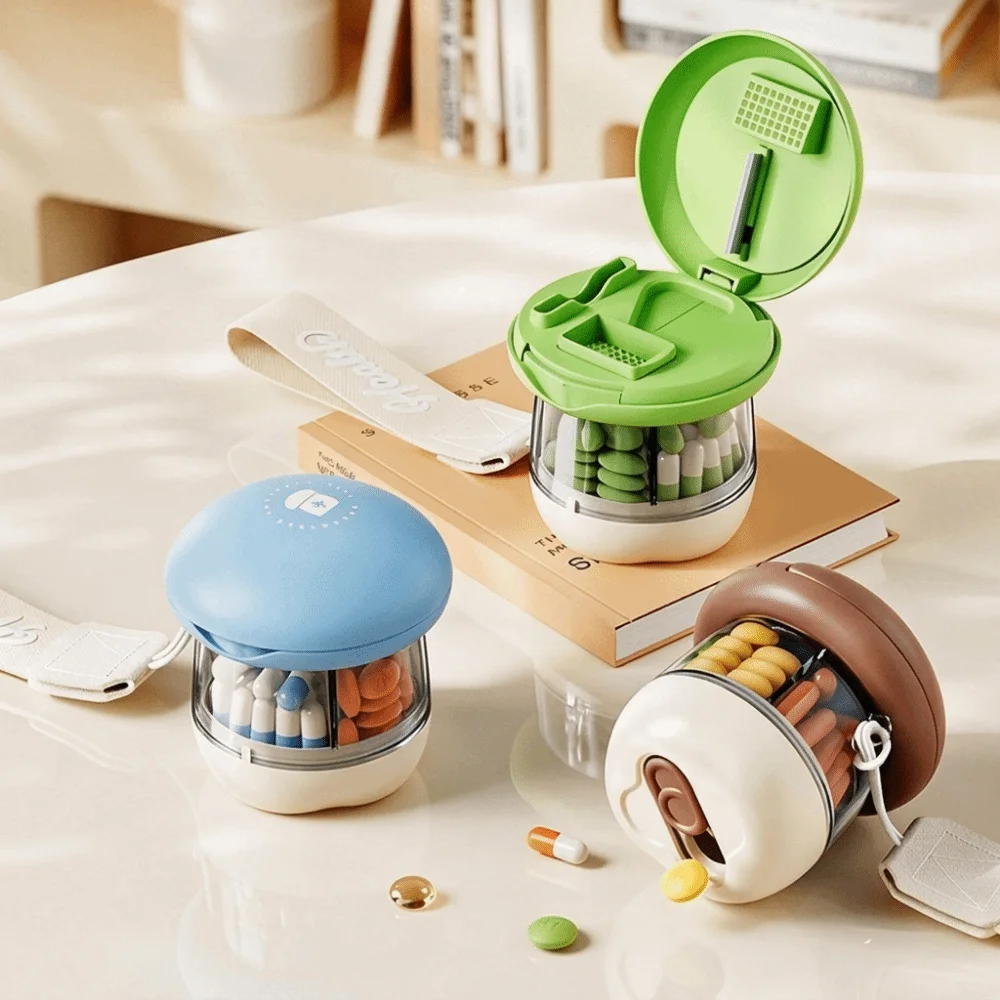 Portable Plastic 4 Grids Pill Box Sealed Dust-proof Mini Pill Storage Box Rotating Moisture Proof Pill Cutter Box Travel