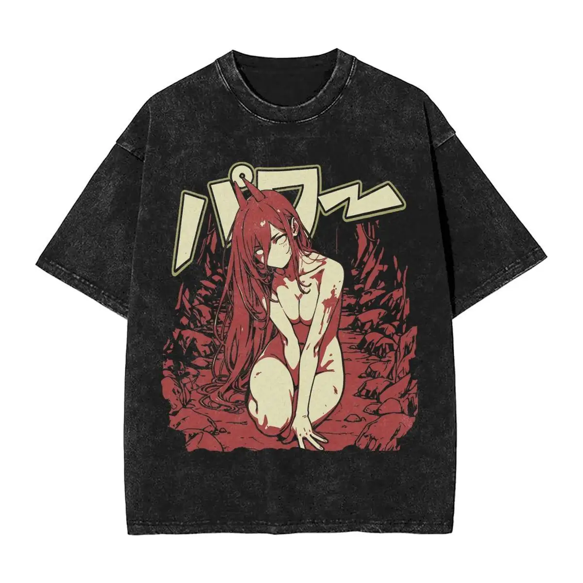 Camisa de lavado mineral inspirada en motosierra, camiseta gráfica de anime Yoru, arte de mangá oscuro vintage, camiseta streetwear japonesa grunge
