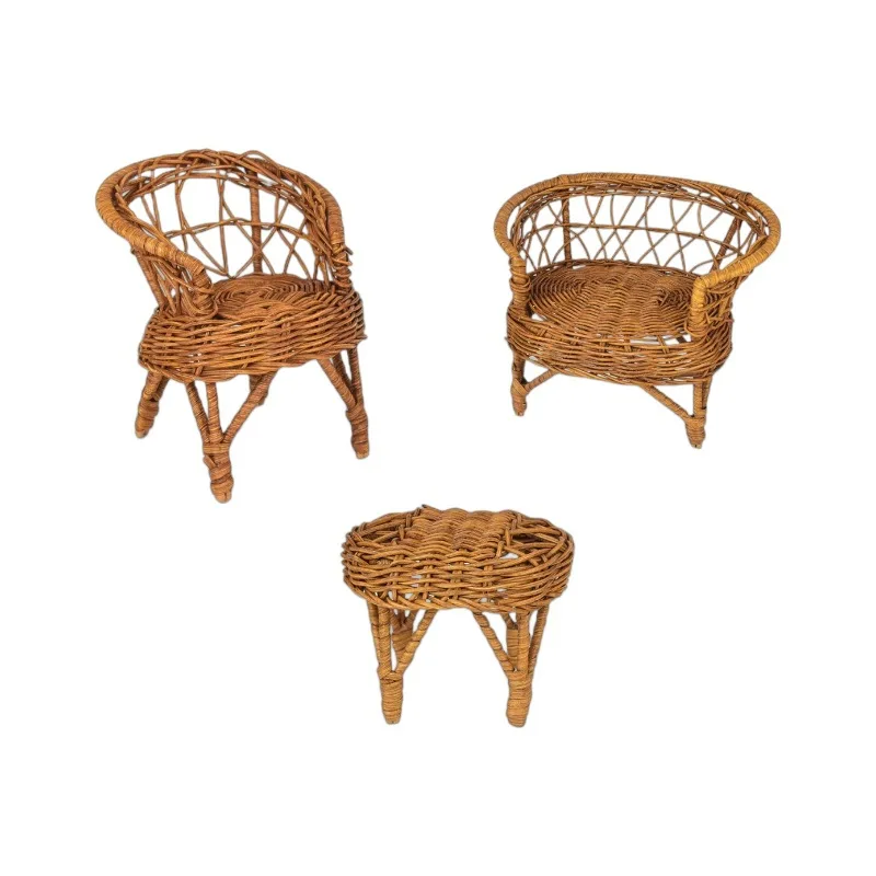 Set di sedie in rattan in miniatura in scala 1/12 Doppio divano singolo in rattan Mobili per casa delle bambole BJD/OB11 Accessori per scene di gioco per casa delle bambole
