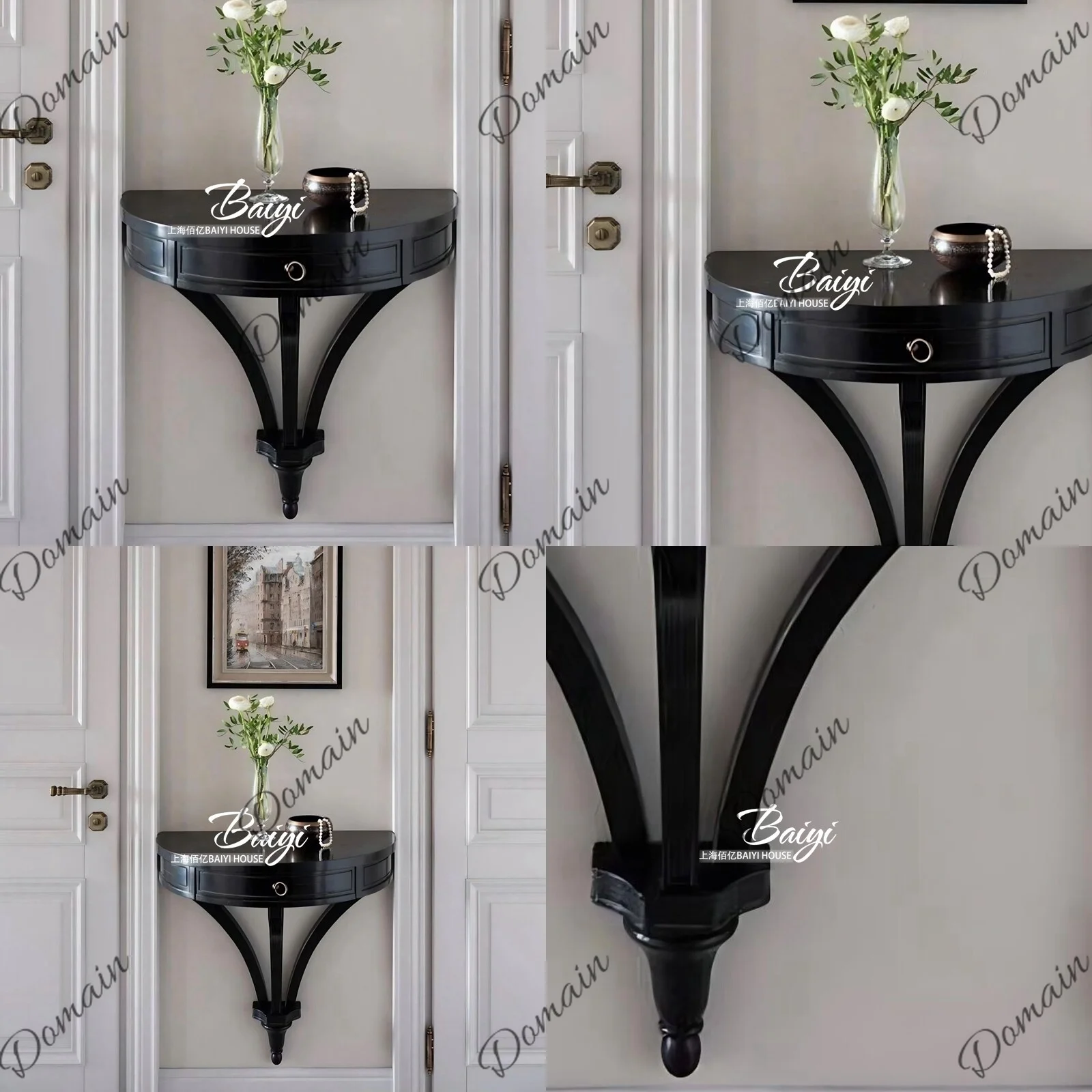 French Style Black Entryway Console Table Solid Wood Wall Mounted Shelf Retro Hallway Decor for Door Corridor