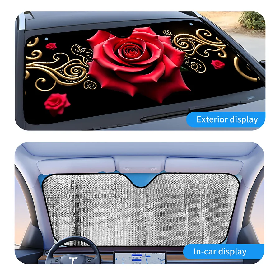 1pc Red Rose With Golden Swirls Car Sun Visor, Floral Inspired Design Foldable Windshield Shade, UV Block& Heat Reduction, Styli