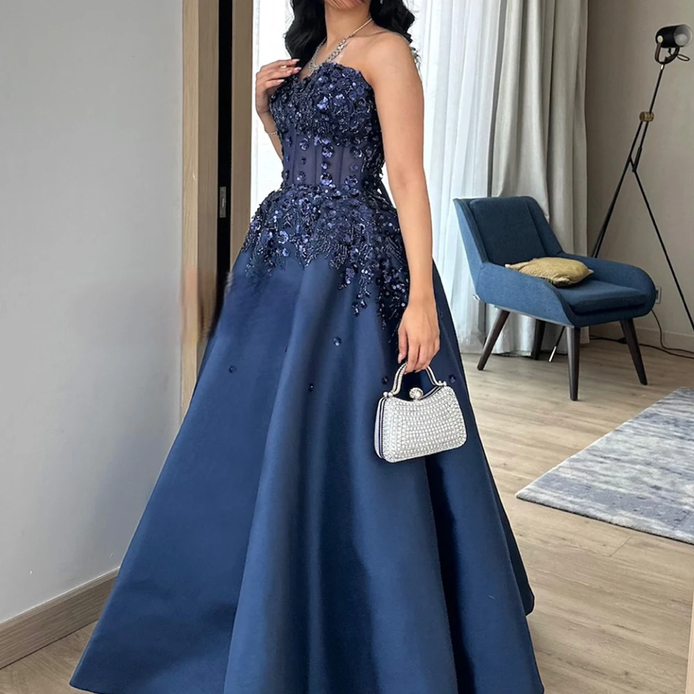 

Temperament Lace Up Back Sequined Pleats Evening Dresses Exquisite A-Line Strapless Satin Prom Gowns فساتين سهره نسائيه فخمة