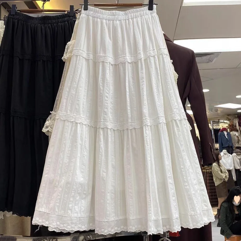 

Special Edition Pure Cotton White Embroidered F Skirt A-Line Long Skirt with Pleats for Young Girls Spring Summer Cake Skort