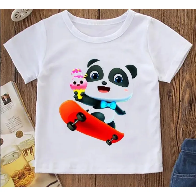 女の子と男の子のための半袖Tシャツ,赤ちゃんのための流行の服,バス,パンダ,レインボープリントレインボー,原宿,夏