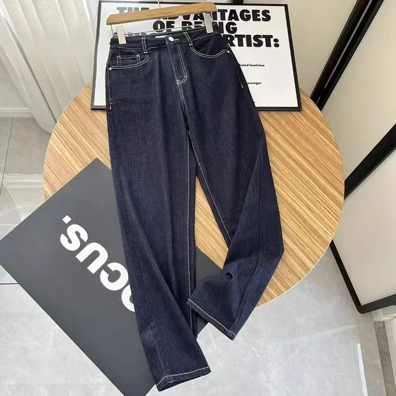 جينز متين فضفاض غير رسمي بنطال ذو قصة أرجل واسعة سروال مستقيم أساسي عالي الخصر موضة النساء 2025 خريف شتاء ملابس الشارع الشهير جينز للسيدات