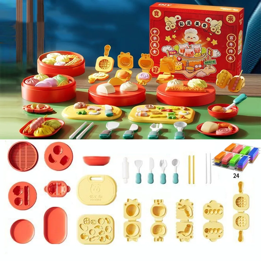 Set da cucina per simulazione a tema alimentare cinese 12/24/36 pezzi Set di strumenti per plastilina con stampo in argilla colorata Set educativo non tossico