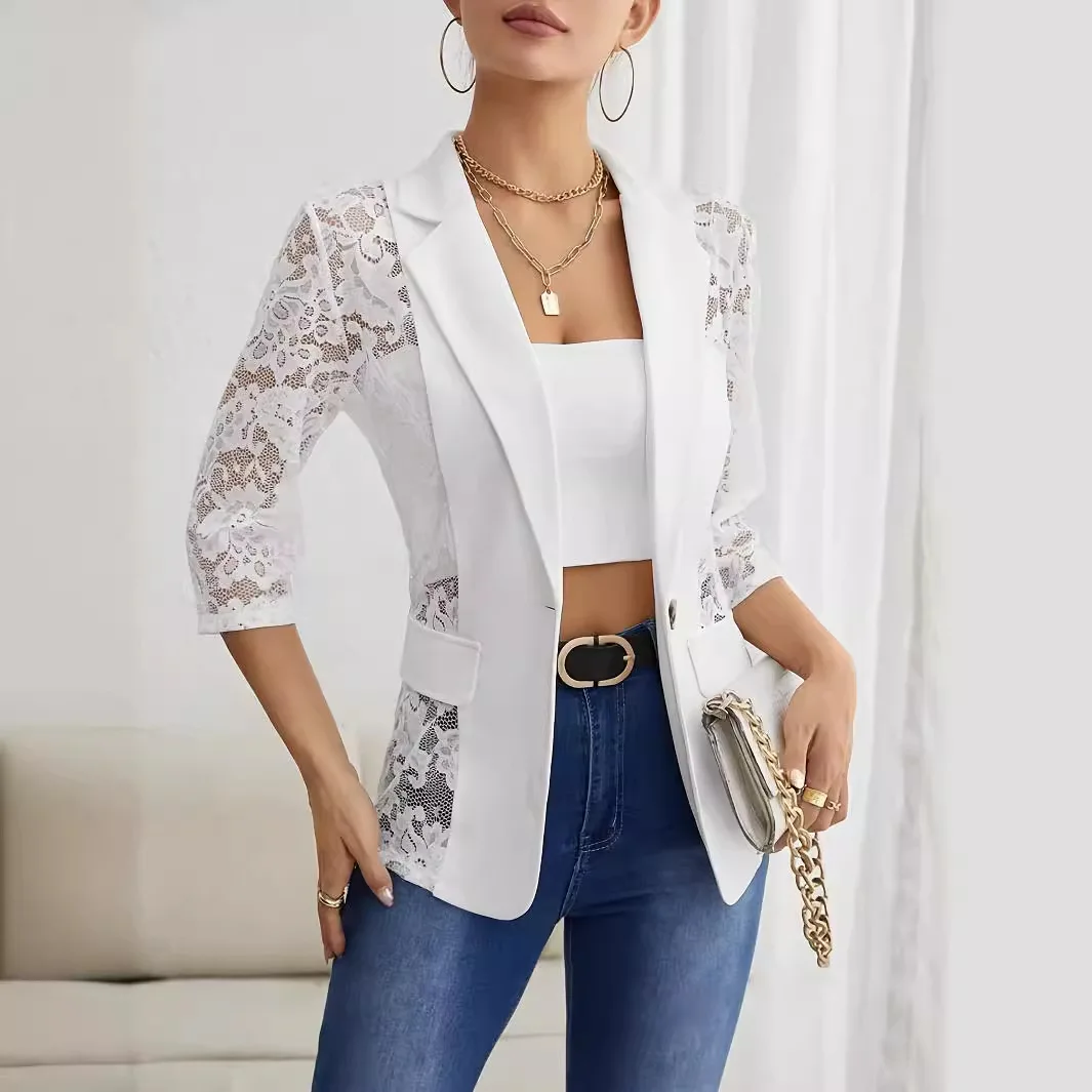 

2025 Women Solid Color Blazer Elegant Lace Trim three quarter sleeves Jacket Spring Office Casual Dressy Outerwear