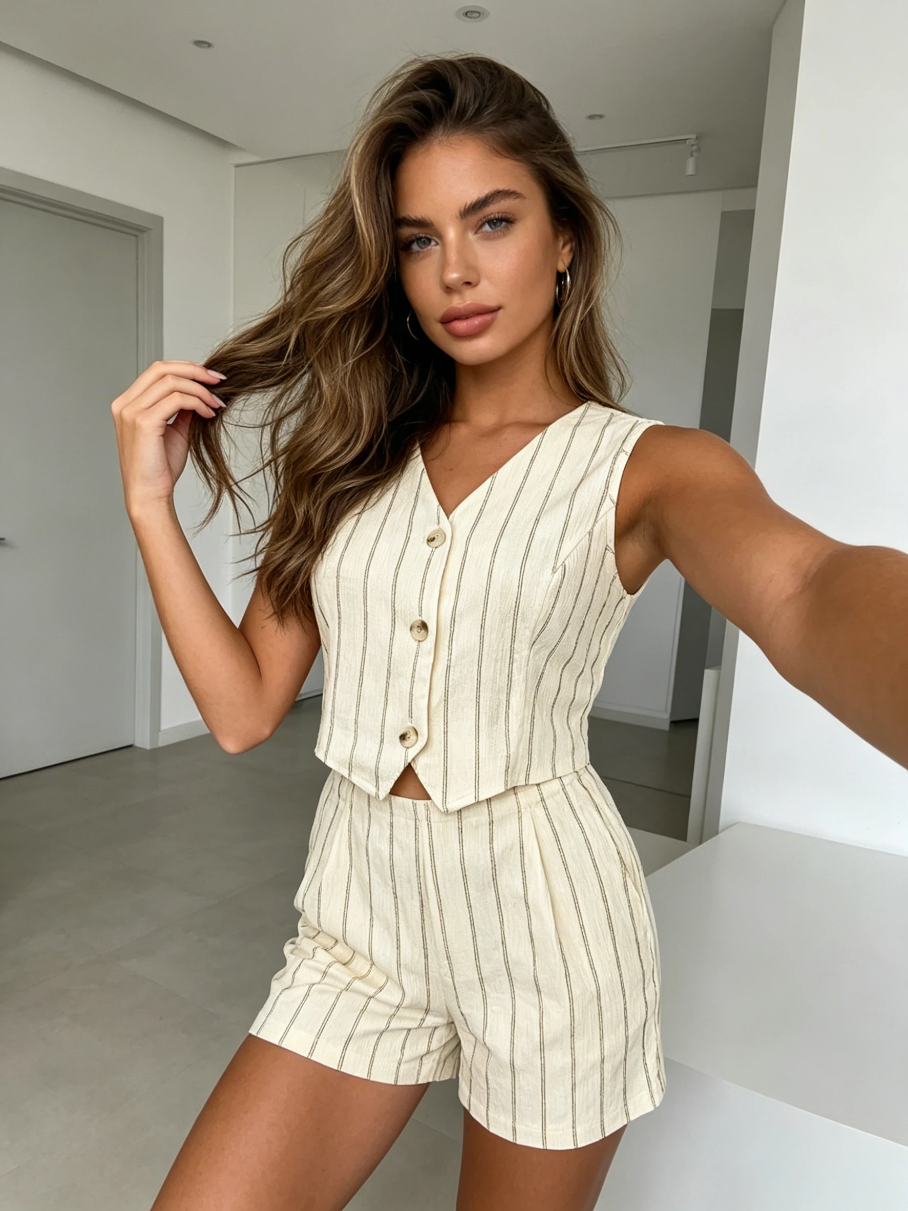 Image of Sommerliches, neues, schickes, strukturiertes Strickwesten- und weit geschnittenes Hosen-2-Teiler-Set, modisches, lässiges Outfit für Damen