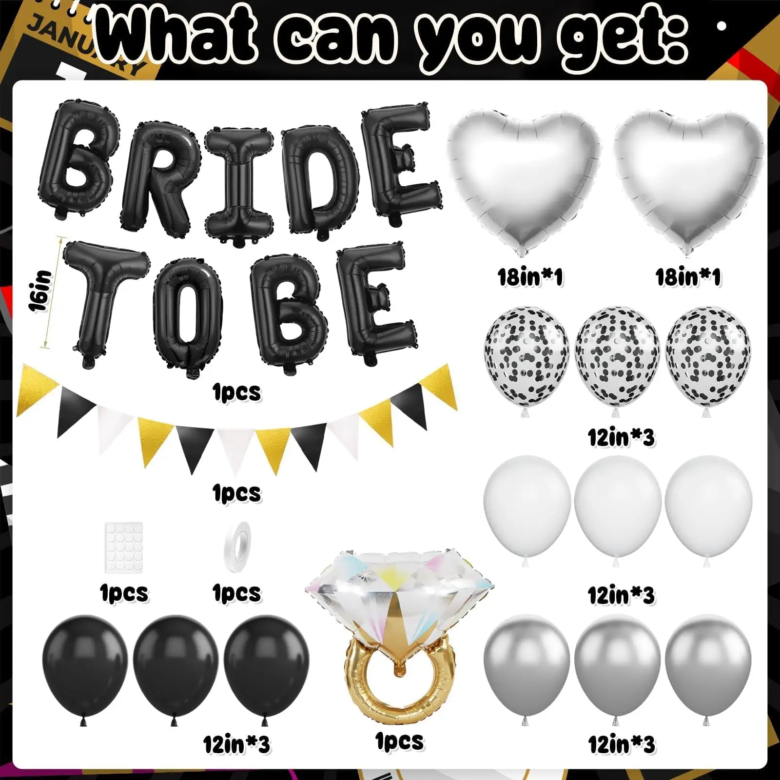 Bride to Be Ringförmiger Aluminiumfolienballon mit dreieckigem Wimpel und Latexballons, für Vorschlagpartys – Detail 11