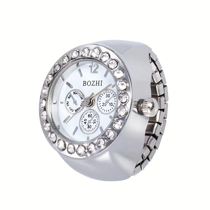 Mode Drie Cirkel Wijzerplaat Verstelbare Riem Ingelegd Strass Ring Quartz Horloge, Effen Kleur Legering Horloge, Feest School Benodigdheden