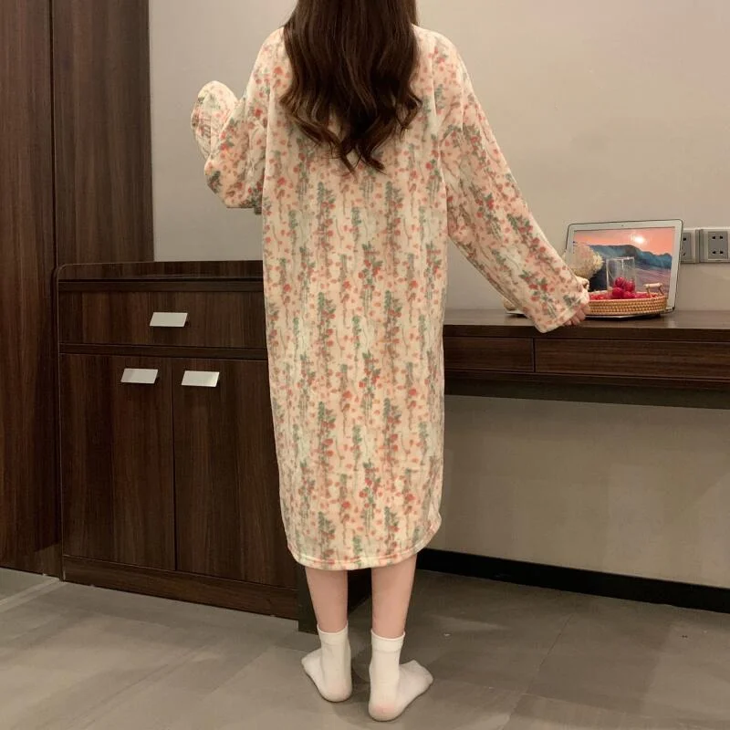 Frau Rundhals Gedruckt Flanell Pyjamas Mädchen Sexy Lose Schlaf Rock Lange Ärmeln Vier Jahreszeiten Hause Kleidung Nachthemd Neue