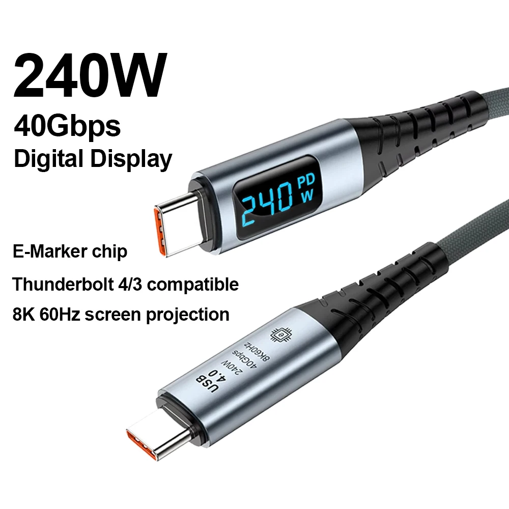 

Кабель USB4 с цифровым дисплеем 240 Вт, 40 Гбит/с, 8K 60 Гц, Type-C Thunderbolt 4, для быстрой зарядки iPhone 15, 16, 17, ноутбуков и MacBook