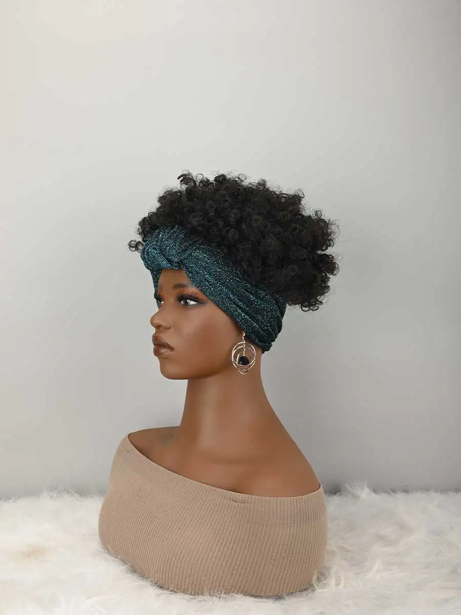 Headband Wig Curly Headband Wig With Bangs For Women Synthetic Afro Curly Hair Wig With Headband Attached Short Kinky