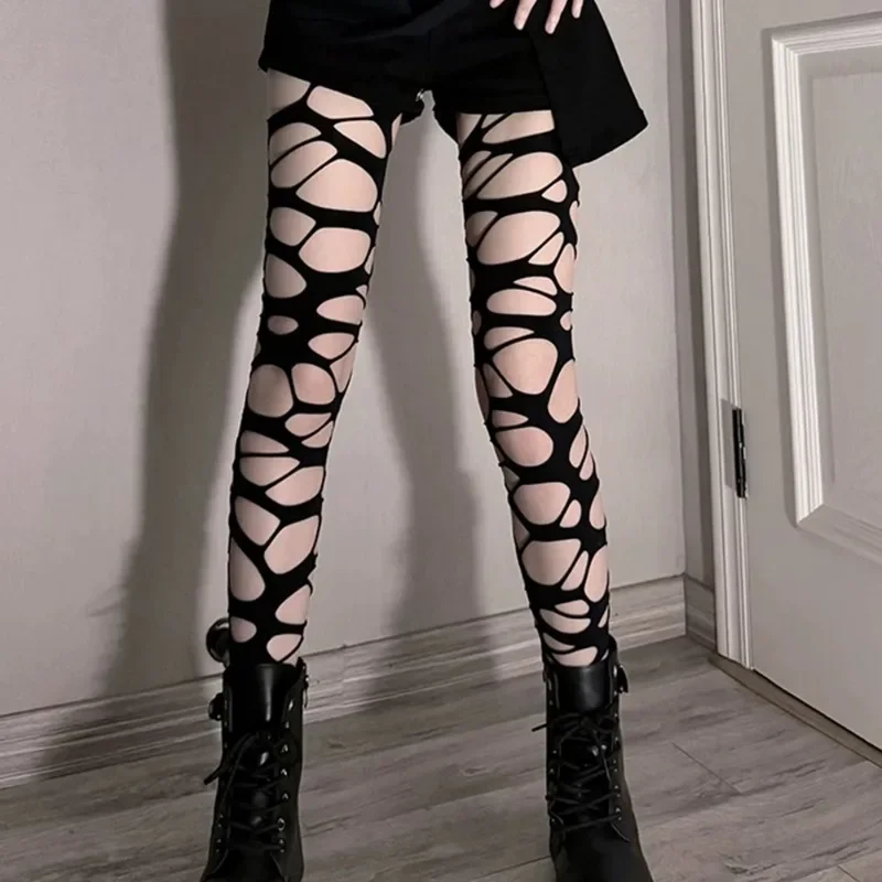 

Hollow Fishnet Stockings Summer Women Girl Y2K Gothic Irregular Stockings Black White Sexy Elastic Pantyhose Fashion Accessories