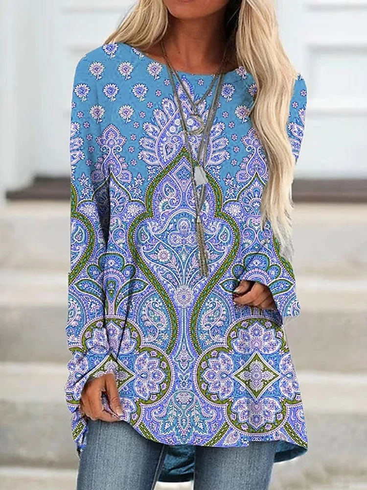 Winter Lange Mouw T-Shirt Mode Dames Kleding Ronde Hals En Lange Mouw T-Shirt Met Print Top Herfst Los T-Shirt