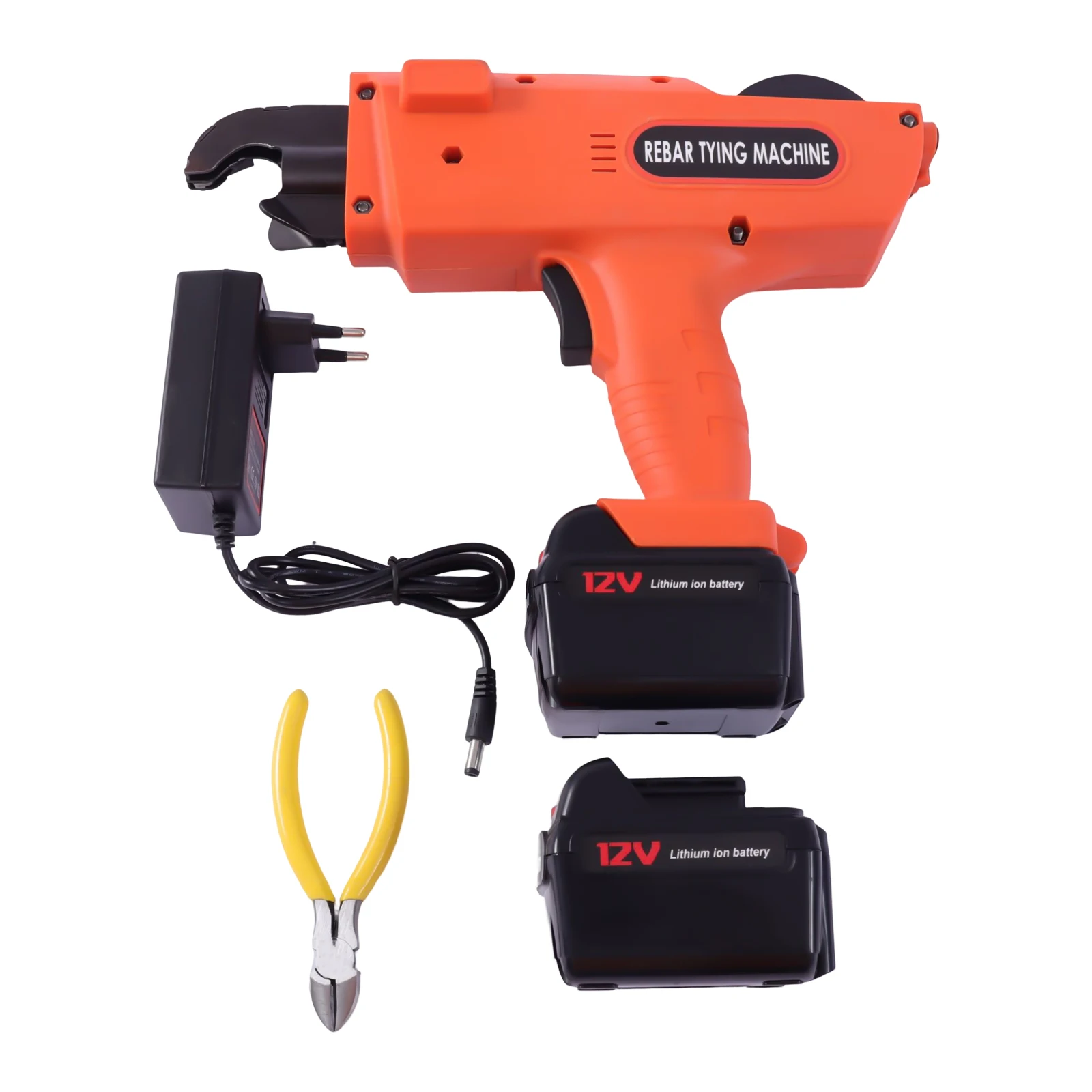 Elektrische Baubindemaschine, tragbares, automatisches, handgeführtes Werkzeug zum Binden von Bewehrungsstahl, geeignet für 6–25 mm, orange, für den Einsatz auf Baustellen, in Eisenbahnbetrieben, im Bergbau, auf Bauernhöfen, für Gartenzäune und unterbodenverlegte Rohrleitungen. – Detail 3