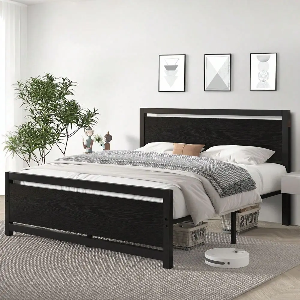 Twin Full Queen Metal Platform Bed Frame With Wooden Headboard And Footboard, 10.5 UnderBed Storage, AllMetal Support System, N