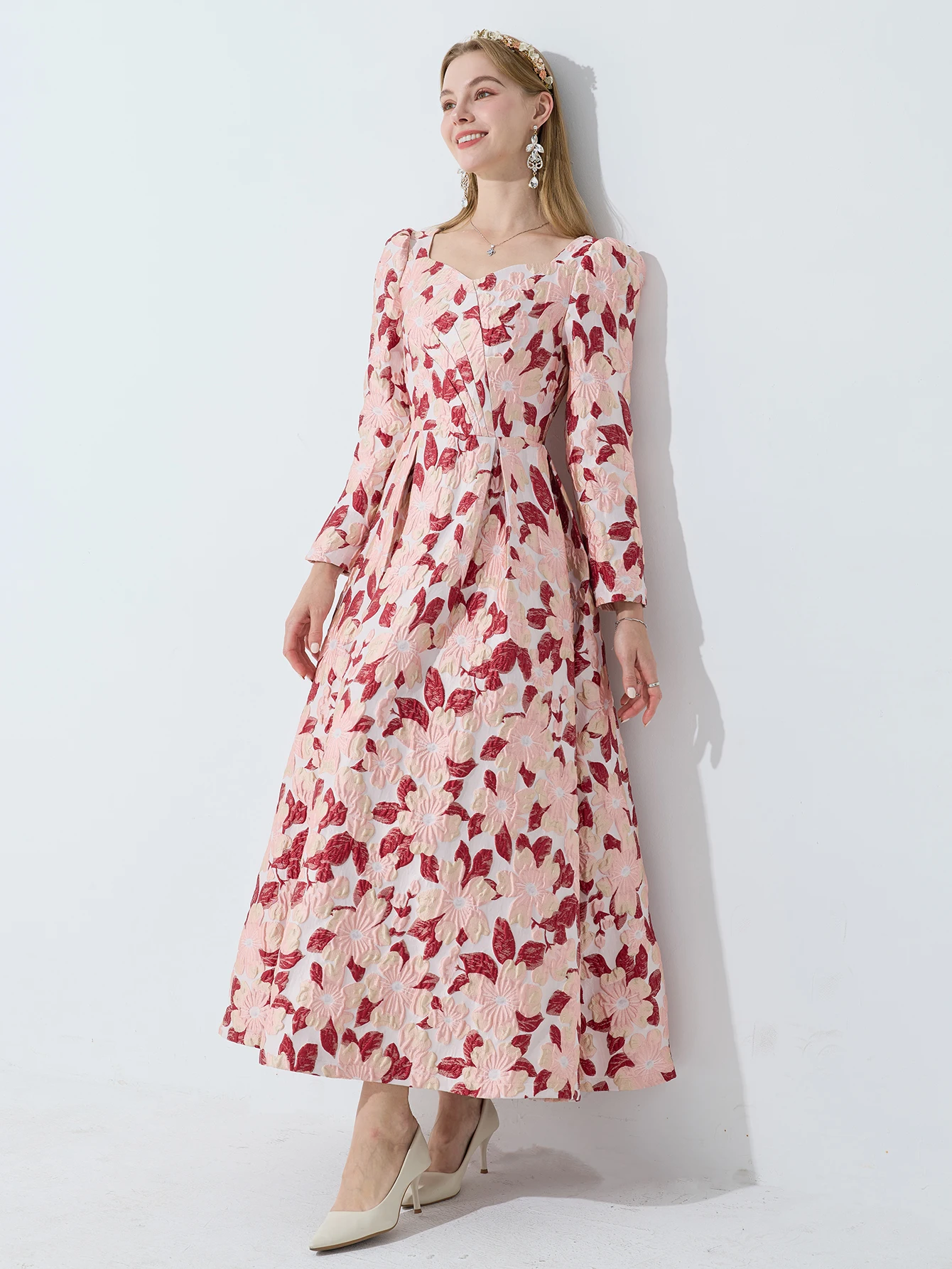 DEVCHATA 우아한 여성용 긴 소매 맥시 원피스 보호 꽃 자카드, 파티 캐주얼 의류, 볼 가운, 패션