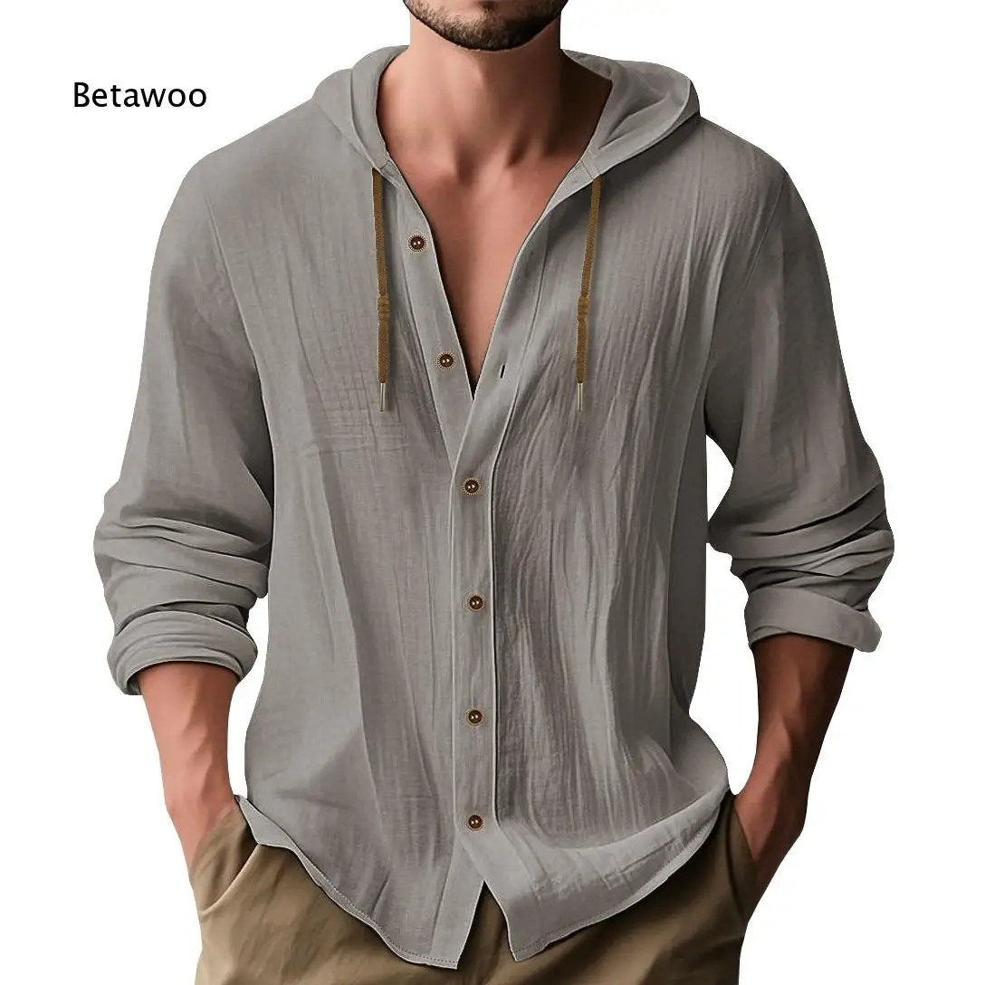 Men Hooded Long Sleeve Button Shirt Drawstring Loose Breathable Casual Top for Daily Beach Vacation Outdoor Travel Wear