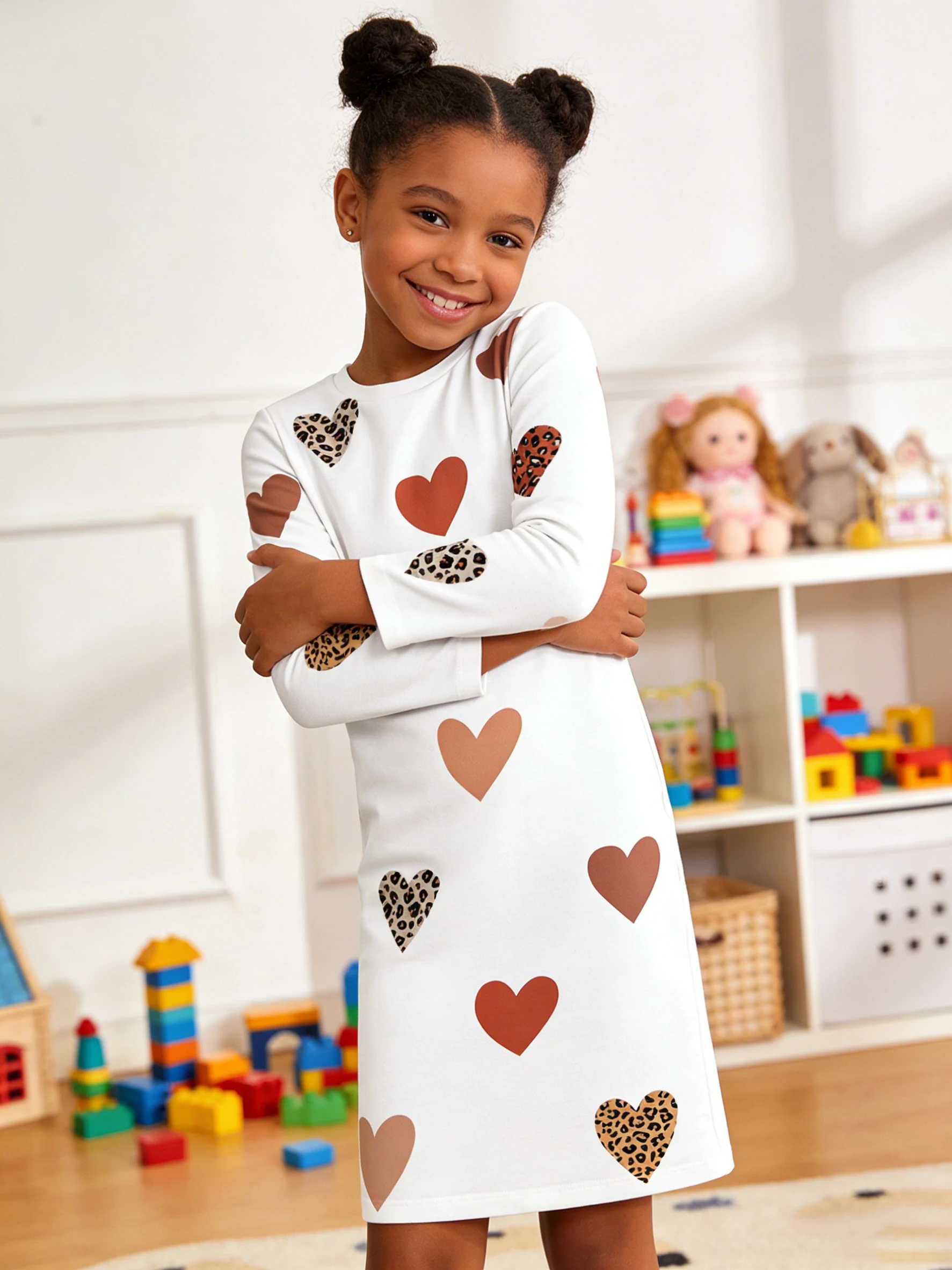 2026 girls white background brown tone love leopard print love print long sleeve slim dress
