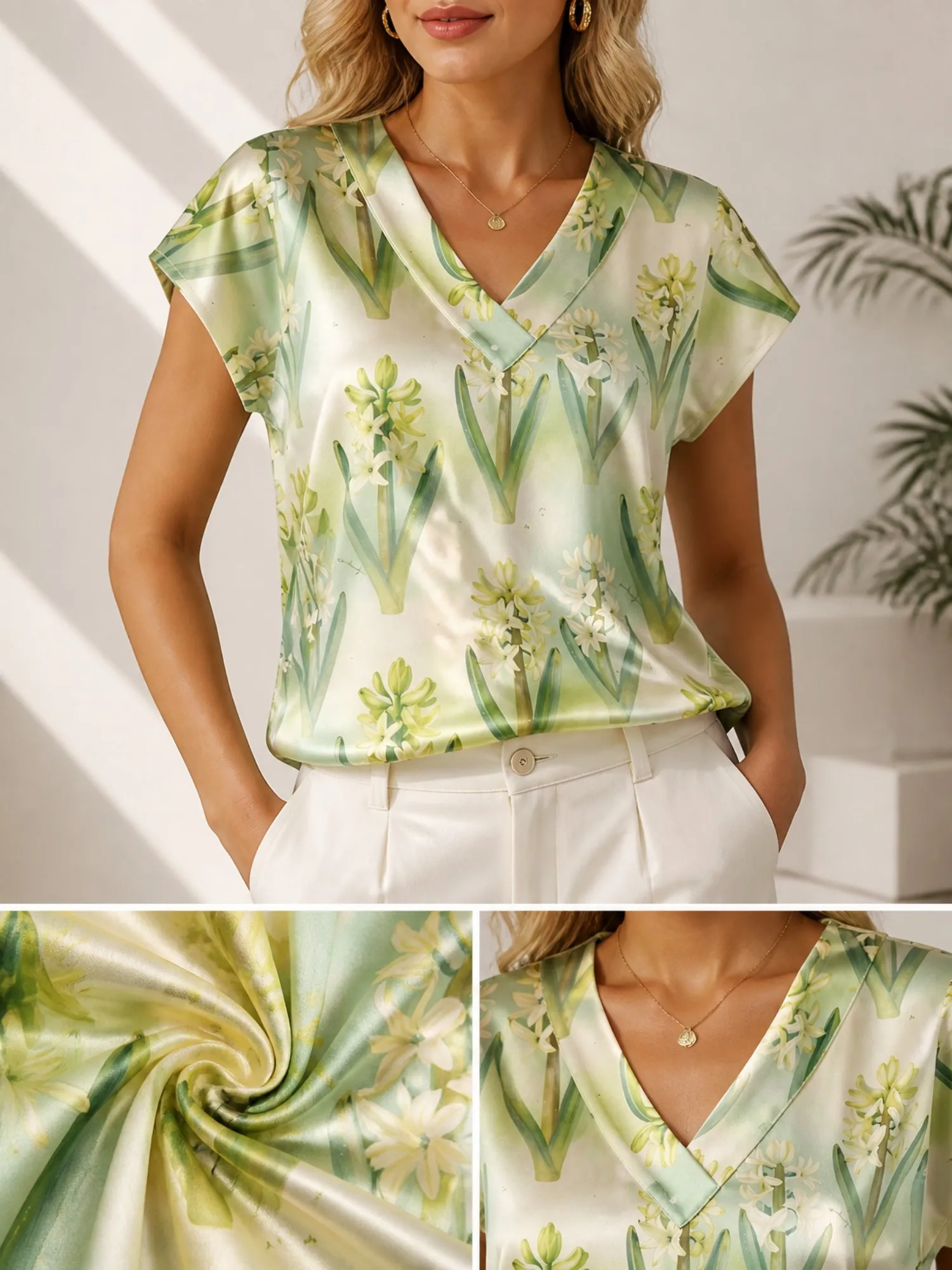 Floral Satin V Neck Top for Women Cap Sleeve Comfort Draped Fit Silky Soft Resort Weekend Wear Lightweight Breathable Comfy Airy