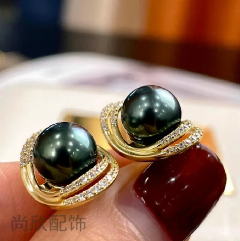 Large quantity of AAAAA 10-11mm circular natural South China Sea black pearl earrings 925S-