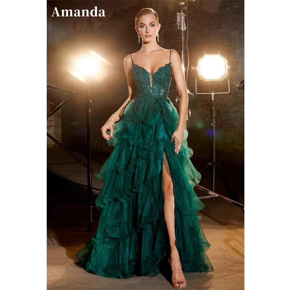 Amanda 2024 Luxury Spaghetti Strap Vestido De Novia Multilayer Edge Curl Evening Dress Sexy Dark Green A-line Prom Dress 2024