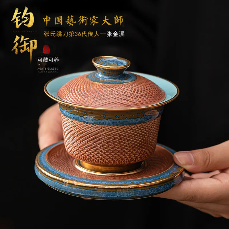 Master Handmade Tea Cups, Collectible Jun Kiln Lids, Luxurious Ceramic Tea Set Accessories, Tea Ceremony Collection Gifts Gaiwan