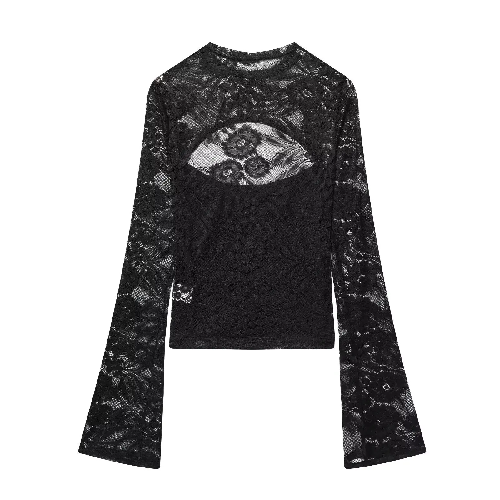 Women's Fashion Casual Lace Patchwork Hollow Bell Sleeve Blouse Women Pack Lace Sleeve Tops Black White Sheer Mesh Casual DOS5