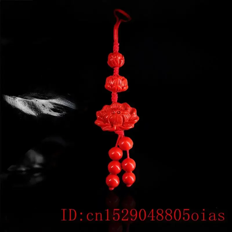 Cinnabar Lotus Key chain Gifts Carved Chinese Fashion Organic Amulet Red Charm Natural Bag Buckle Pendant Jewellery