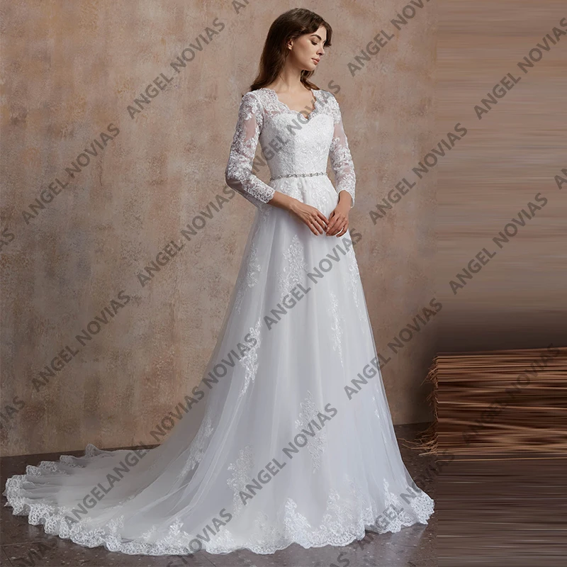 Angel Novias image réelle manches longues robes de mariée blanches décolleté en V dentelle Appliques robes de mariée Vintage vestidos de novia
