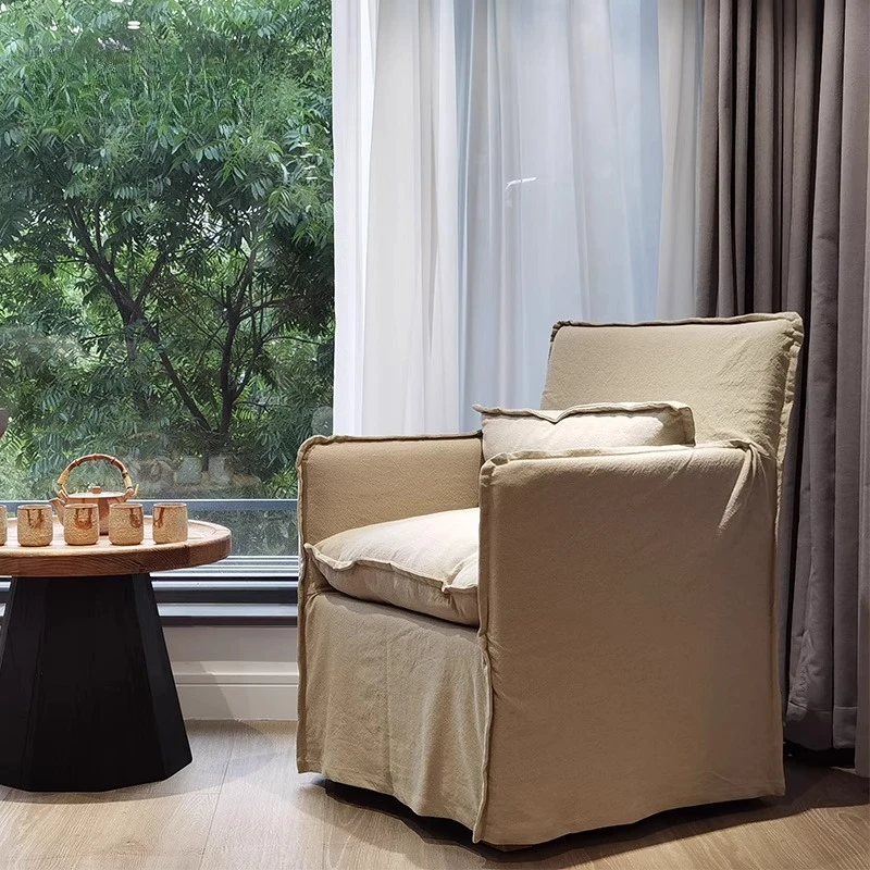 

B & B linen armrest dining chair, Nordic retro washed cotton and linen bedroom casual sofa chair