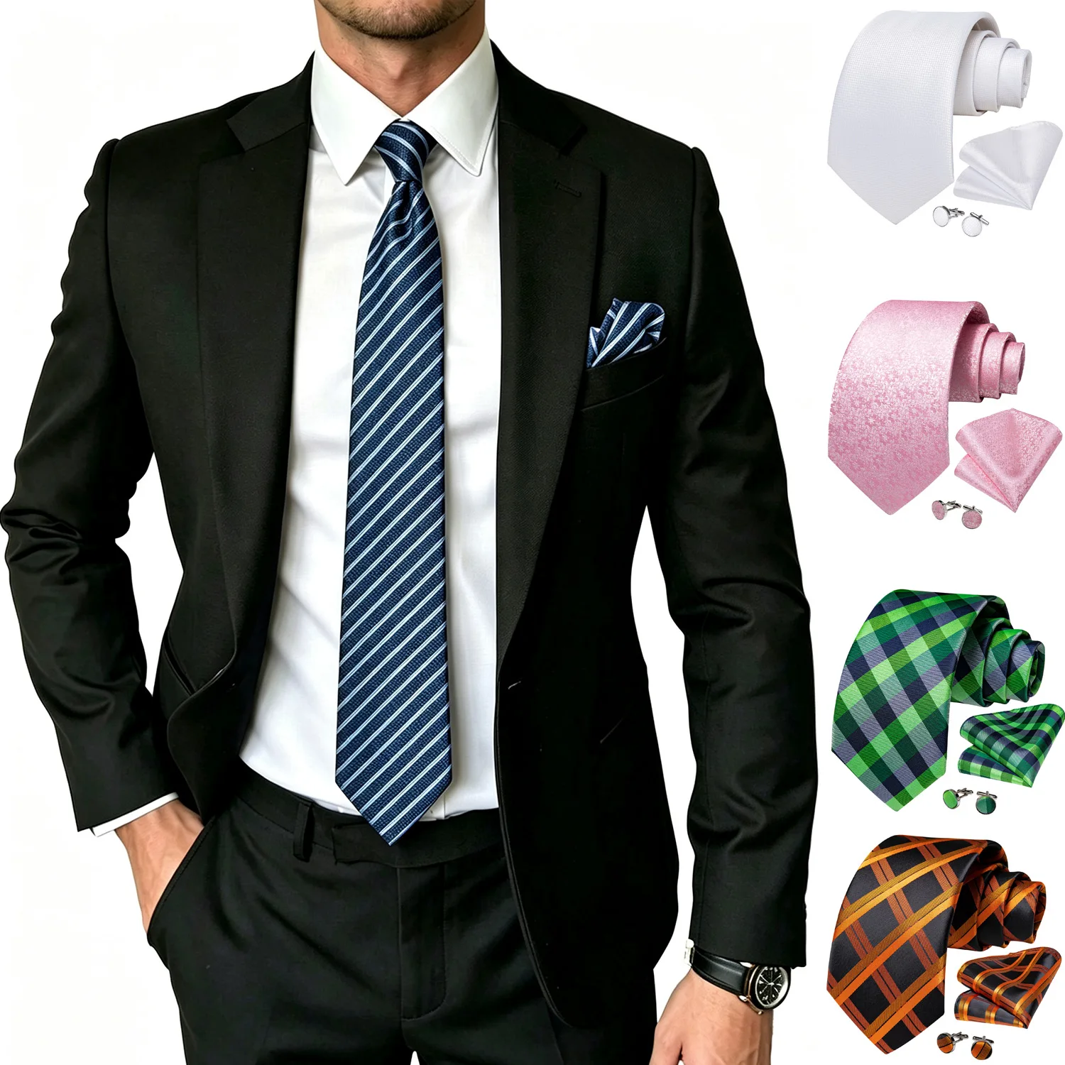 Mens Necktie Set 3 Piece, Plaid Solid Tie Pocket Square Cufflinks For Wedding Business