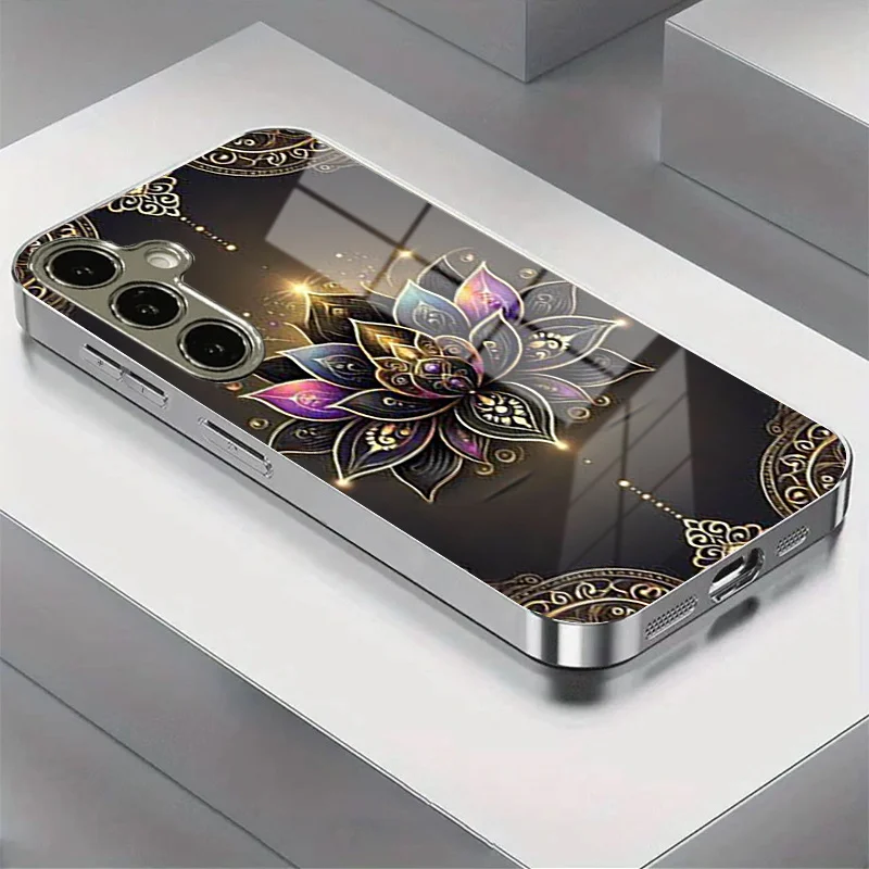 Gold Lotus Flower Pattern Electroplated Glass Phone Case for Samsung Galaxy S26 S25 S24 S23 S22 S20 FE/Ultra/Plus Drop Cover