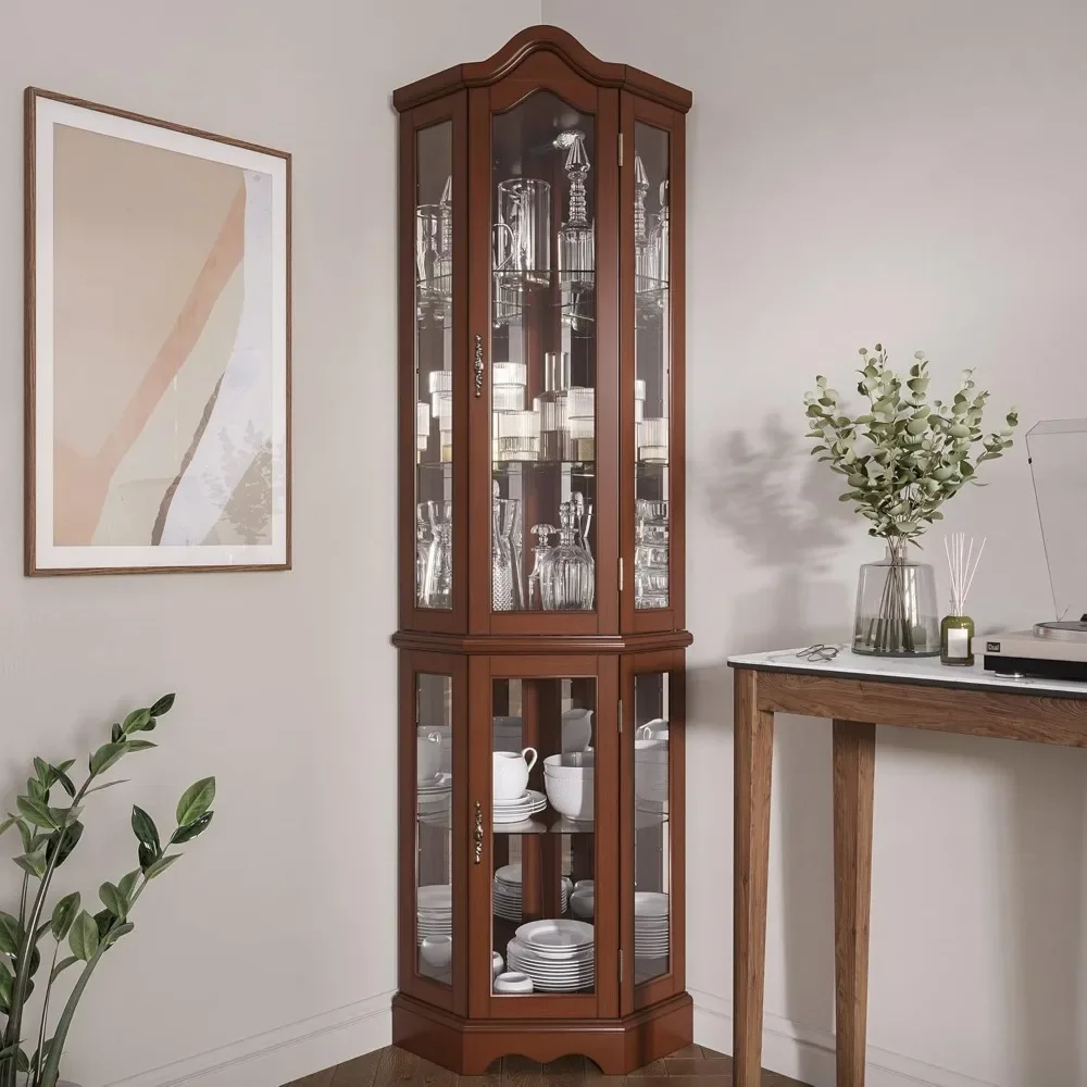 Lighted Corner Display Curved Top Curio Cabinet Wooden Shelving Unit with Tempered Glass Door, Bar and Liquor Storage Area