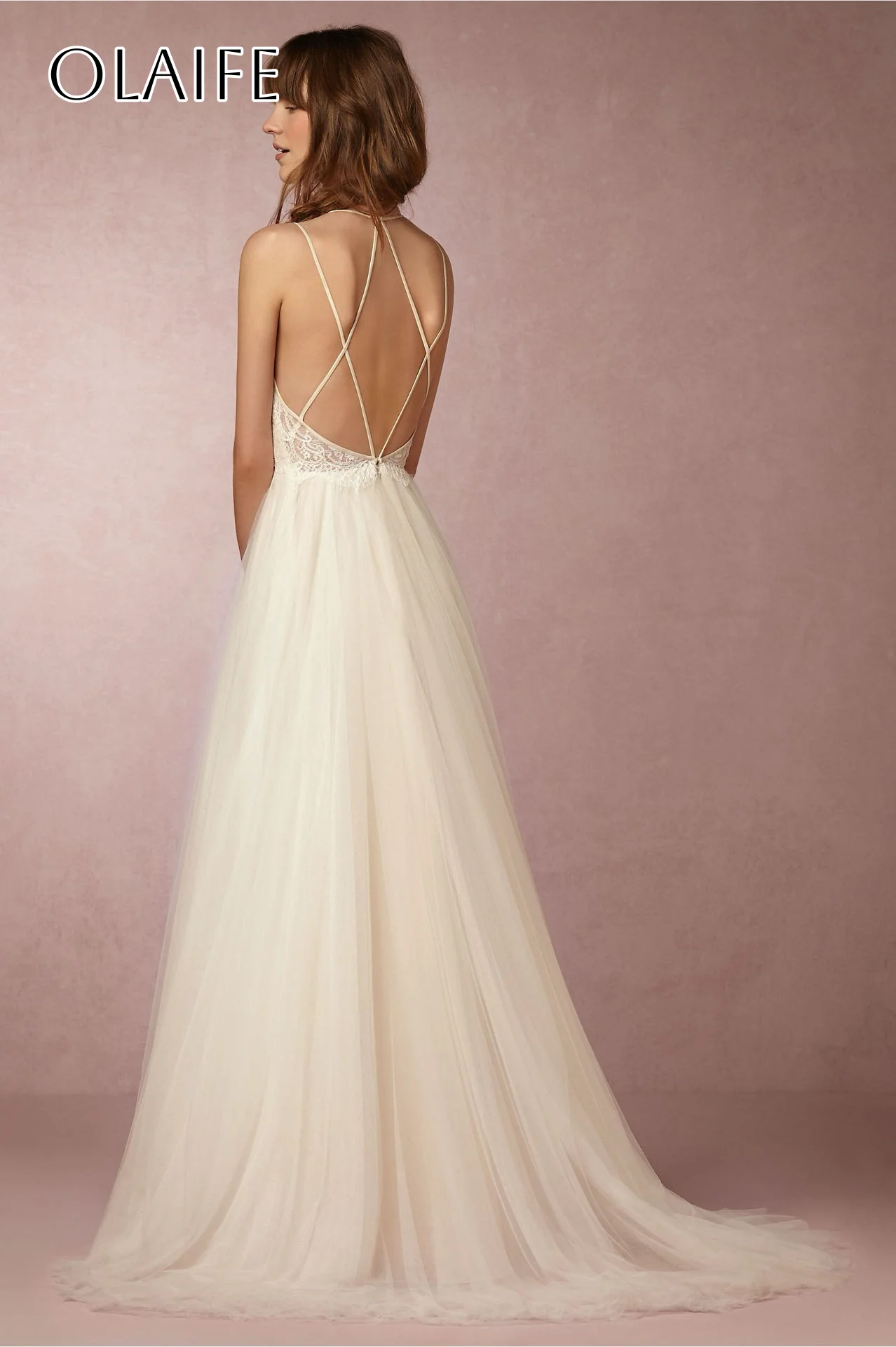 Spaghetti Straps A-line Lace Wedding Gowns for Bride Criss-cross Sleeveless Pleated Floor Length Customized vestidos de novia