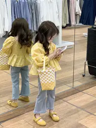 Baby Girls Spring Clothing Suit Children's Bubble-sleeved Shirt Jeans 2PCS Set Summer Child Long-sleeved Shirt Pants Set