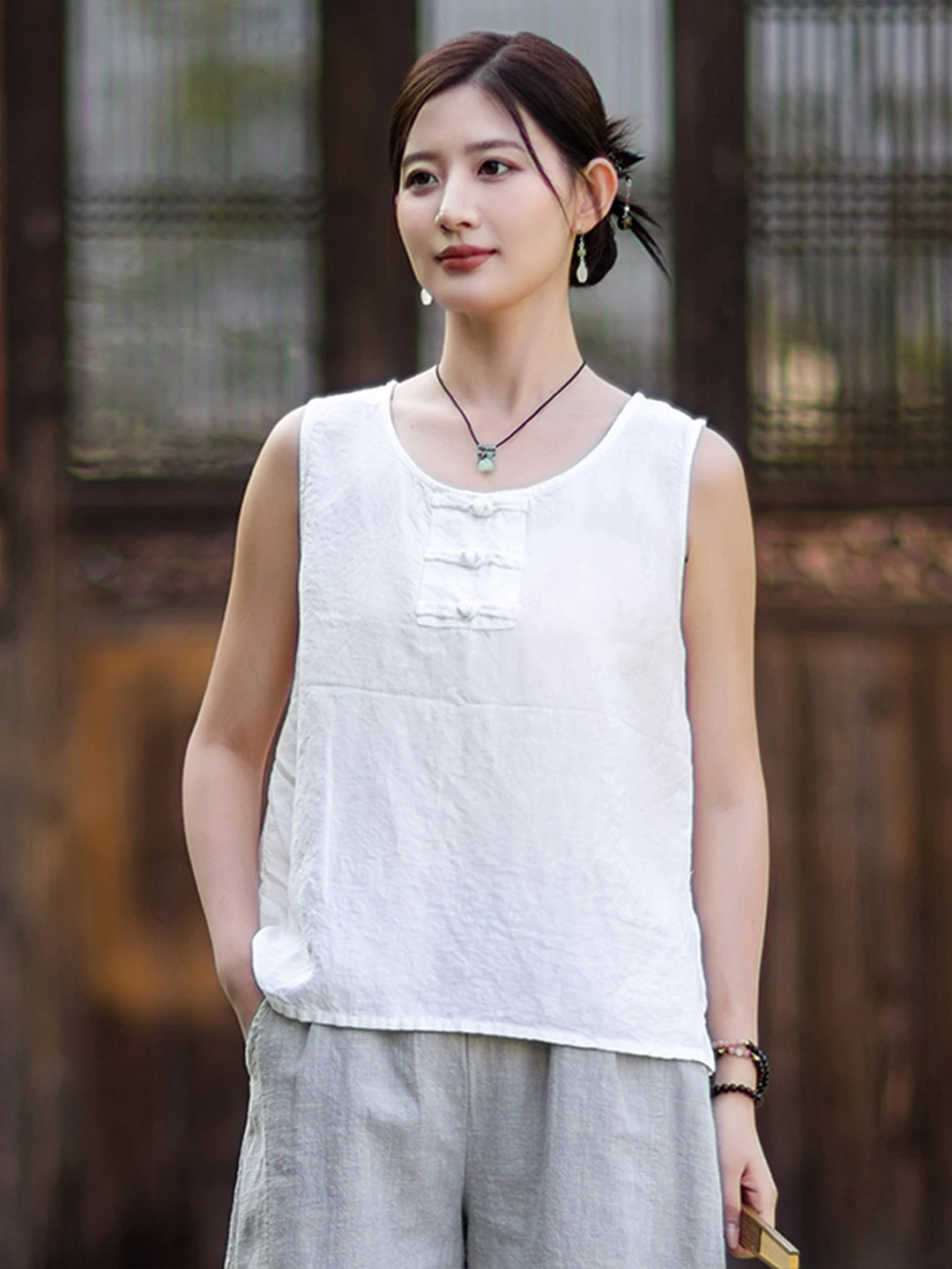 Summer New Retro Chinese Style round Neck Linen Vest Women's Sleeveless Inner Wear Breathable Sweat Absorbent Short H-Shape Top
