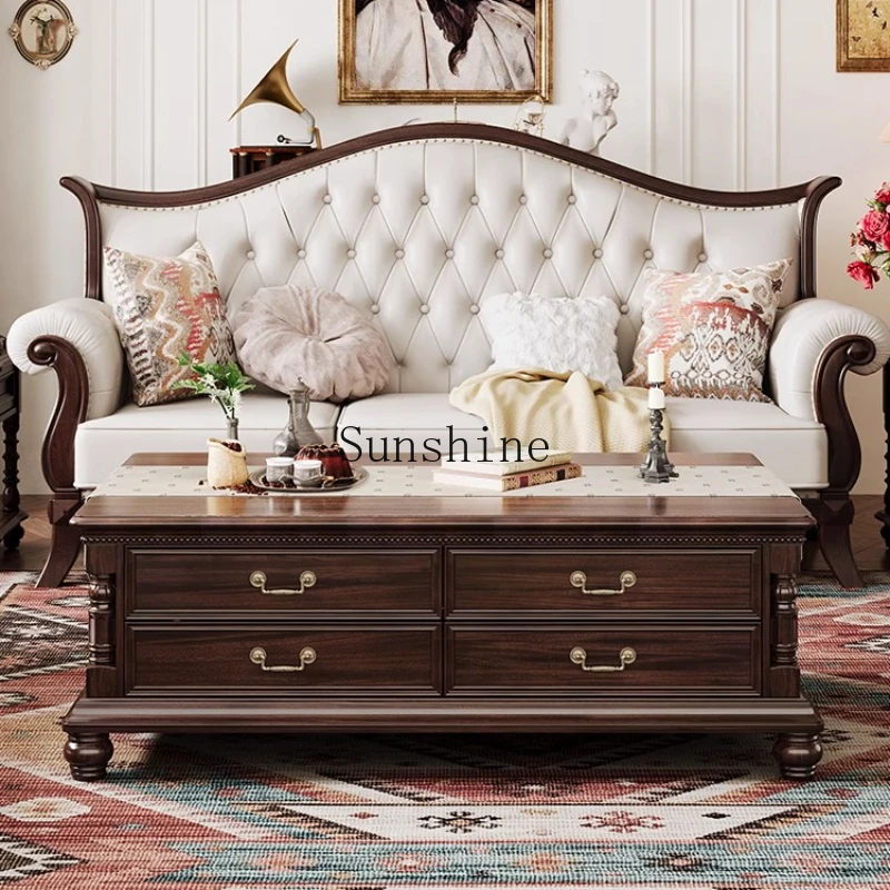 

Retro coffee table American country home living room solid wood with drawers rectangular storage