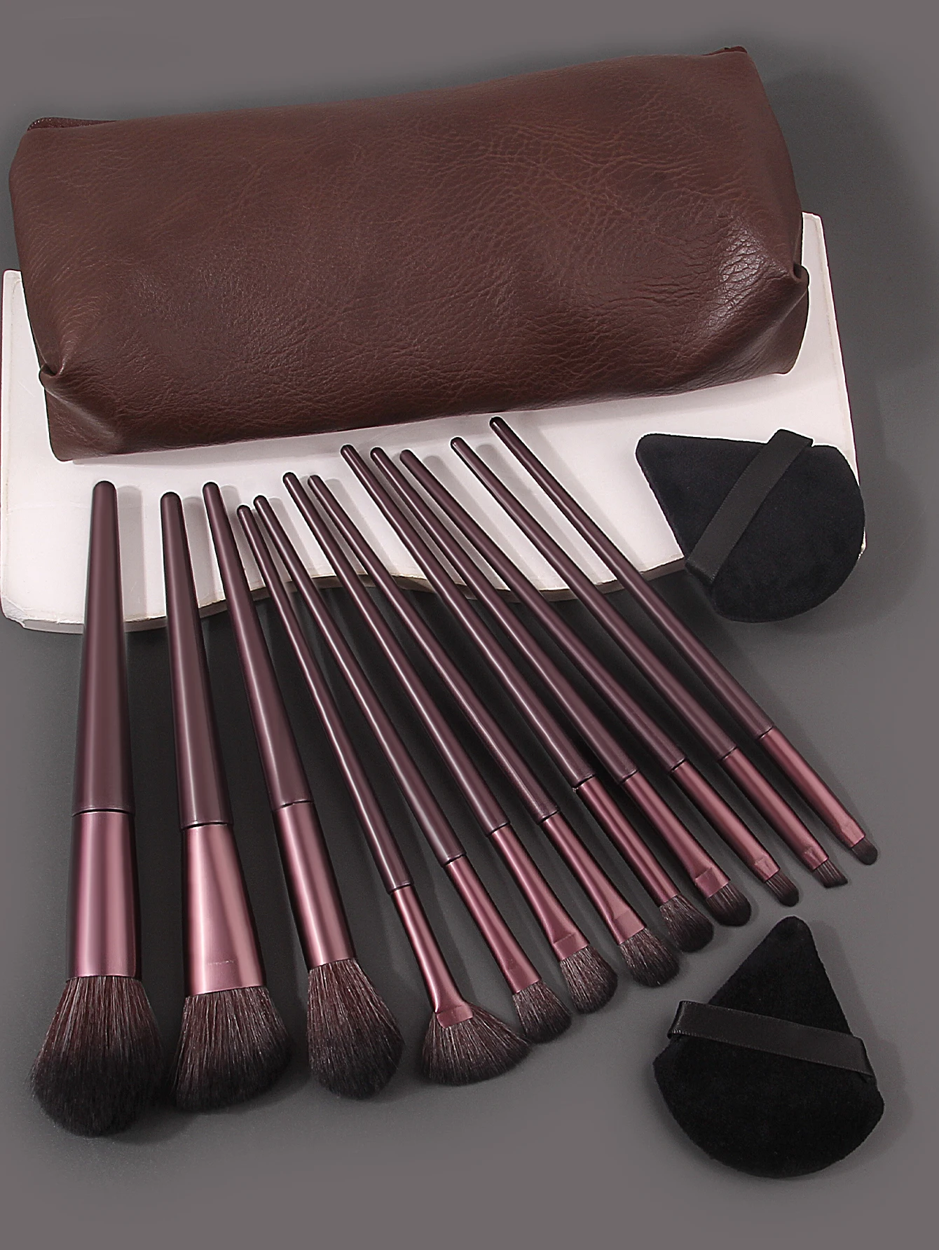 12pcs dark brown makeup brush set+2 triangular powder puffs+retro high-end storage bag portable travel professional makeuptools