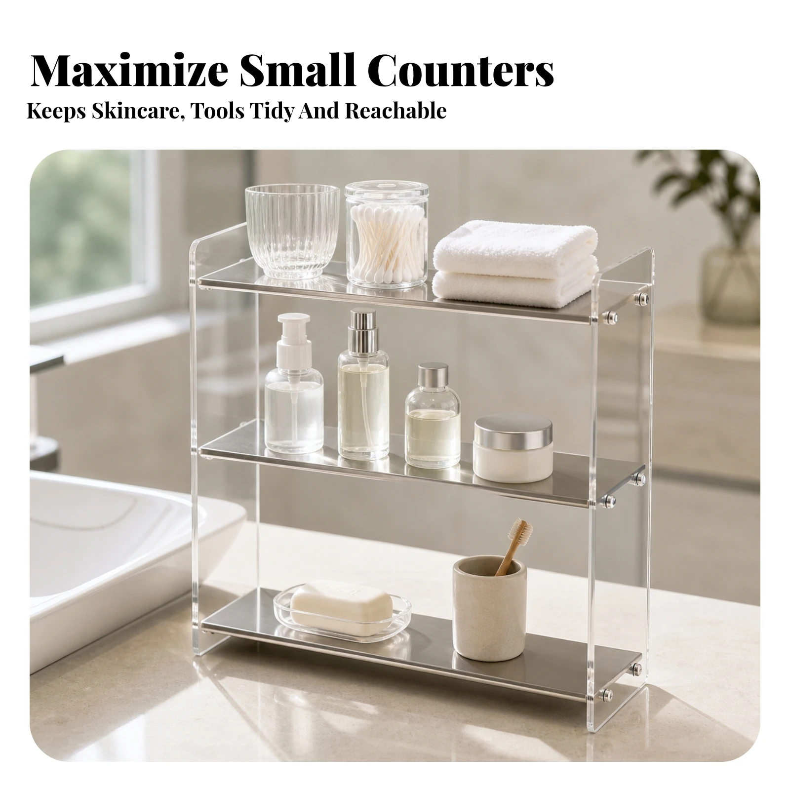 Desktop Storage Rack Compact Tabletop Storage Rack Display Shelf Transparent Organizer Clear for Vanity, Kitchen