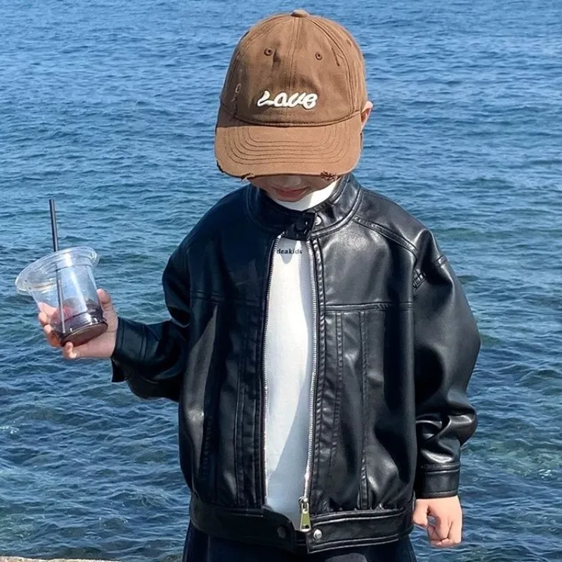 

Детская кожаная куртка на весну и осень, однотонная универсальная верхняя одежда унисекс для малышей, плащ, ветровка