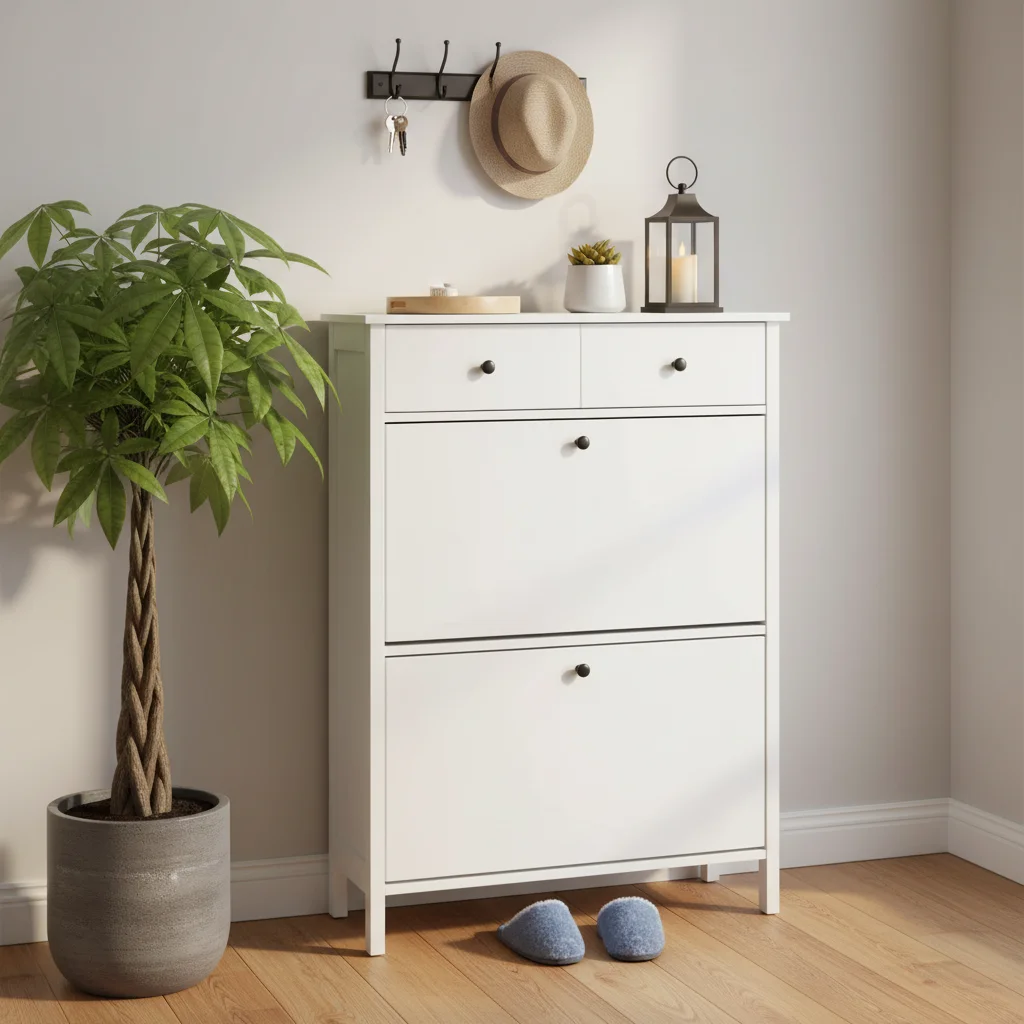 

xx-2 Drawer Modern White Wooden Shoe Cabinet with 2 Flip Drawers for Living Room & Entryway Shoe Storage for Home & Hotel Use*