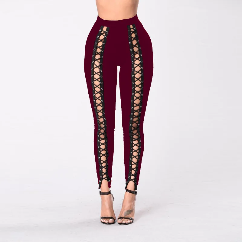 Frauen Schwarz Leggings Sexy Umreifung Strang Leer Seil Slim Fit Außen Tragen Hosen Mit Löcher Vorderes Lila Rot Große Größe vier – Detail 3