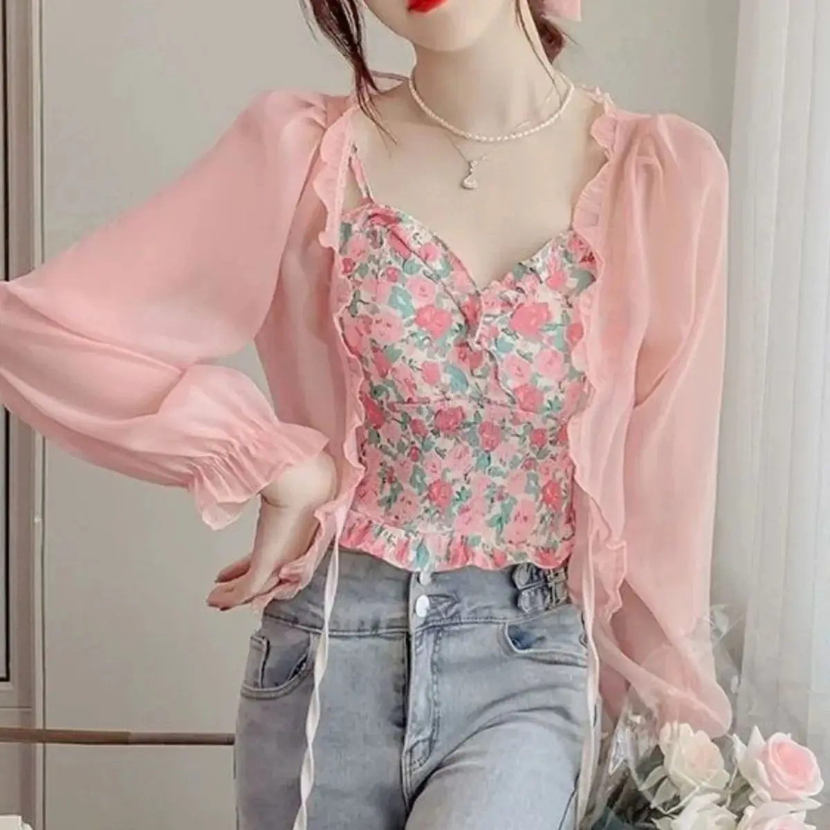 

Женская тонкая дышащая футболка с длинным рукавом, кардиган с кружевным бантом, блузка с рюшами, солнцезащитная верхняя одежда для чехлов