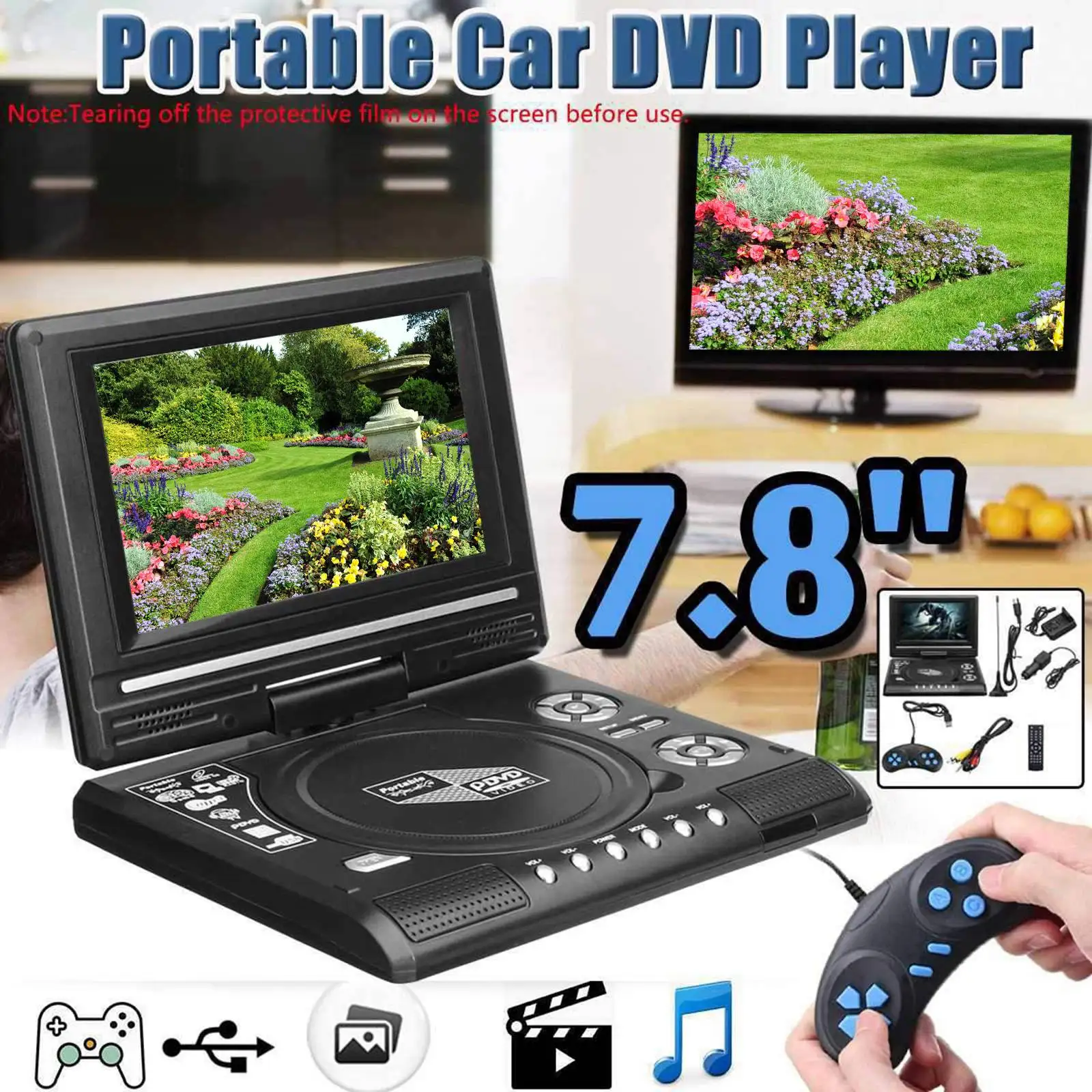 

7.8 Inch Portable Auto Car DVD Player FM Radio Multimedia Video Universal VCD CD MP3 DVD Player 16:9 Rotate LCD Screen