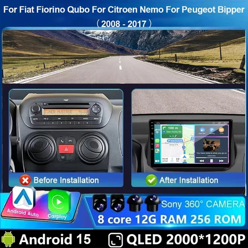 Imagen 2 del producto Radio Android 15 para Fiat Fiorino Qubo para Citroen Nemo para Peugeot Bipper 2008-2017 reproductor Multimedia estéreo para coche Carplay Auto