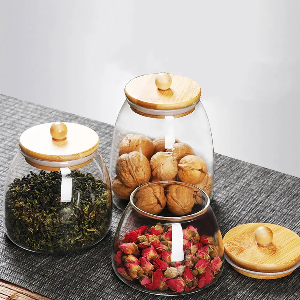 

Glass Jar Storage Container Airtight Bamboo Lid Dry for Tea Grains Beans Nuts Cookies Condiments Sugar Flour
