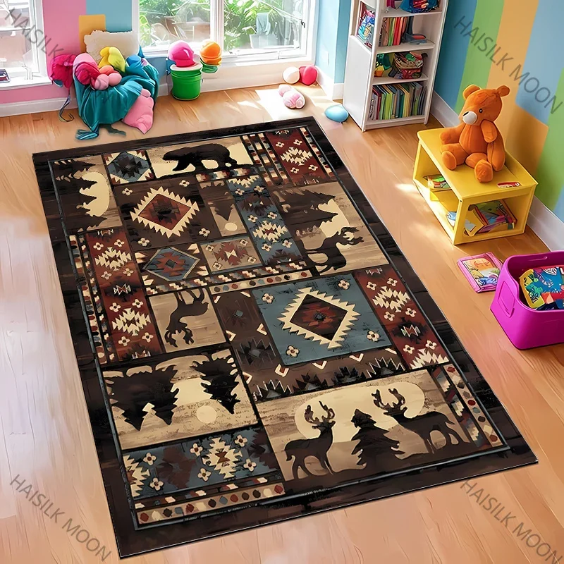 

Vintage Woodland Animal Bear Elk Area Rug for Kids Room Living Room Non-Slip Soft Floor Mat Home Decor